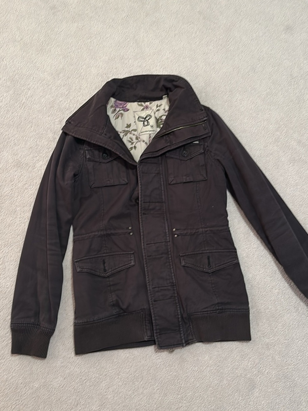TNA Women's Dark Brown Utility Jacket with Floral Lining